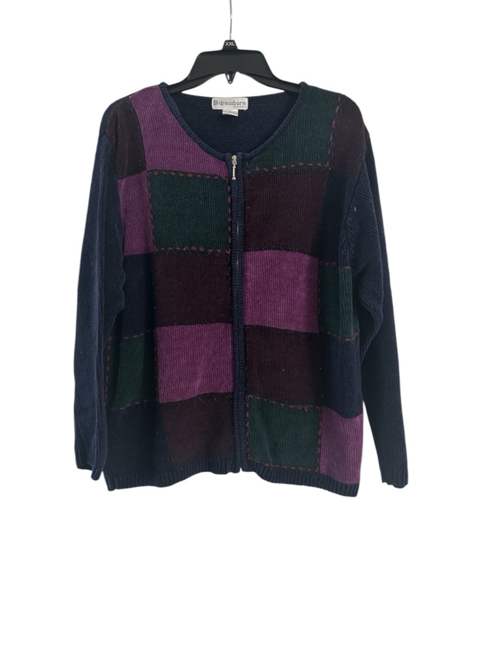 Dressbarn Vintage Navy Purple Patchwork Zip Front Sweater Size 14/16